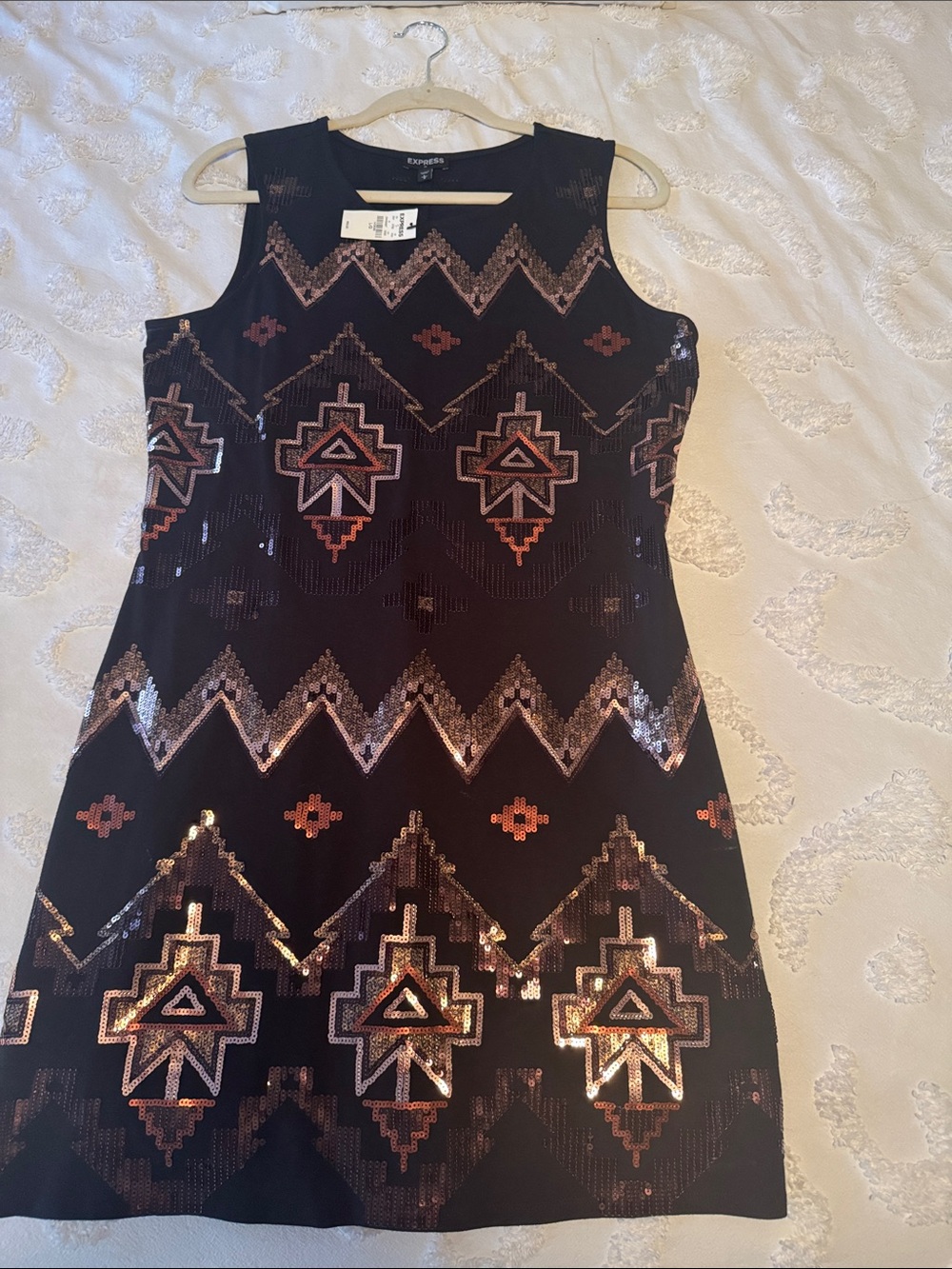 Express Black Mini Dress with Rose-Gold Sequin Geo Pattern